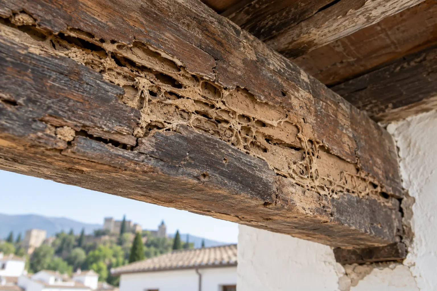 Daños y galerías de termitas en una viga de madera durante una inspección