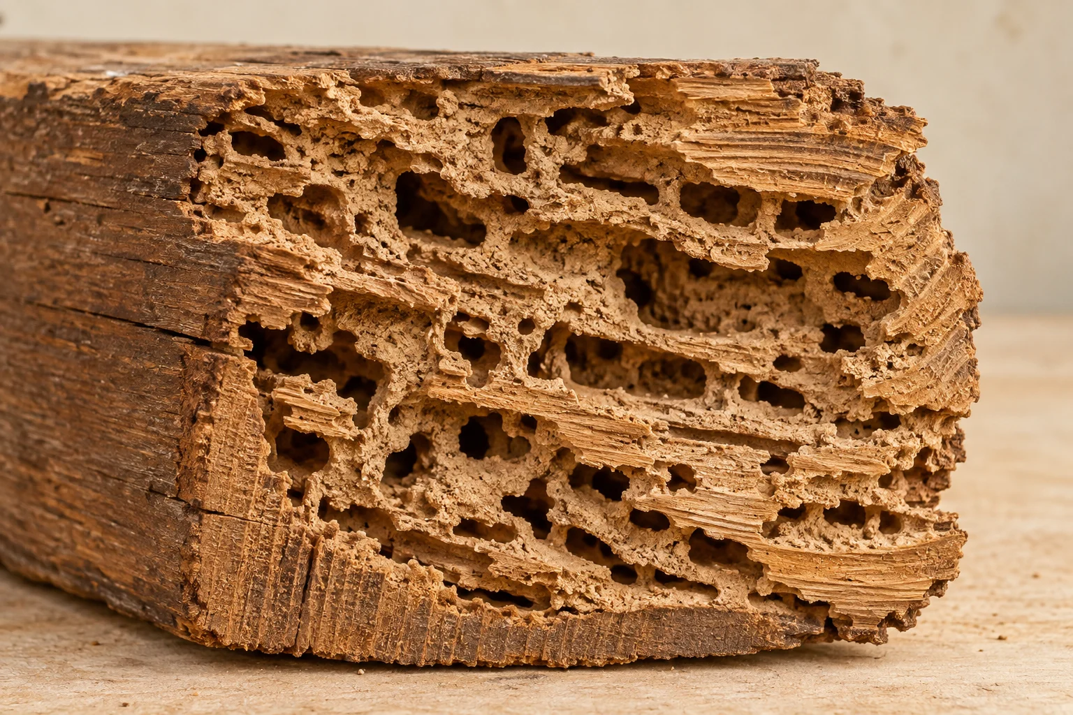Sección de madera con galerías y huecos causados por termitas