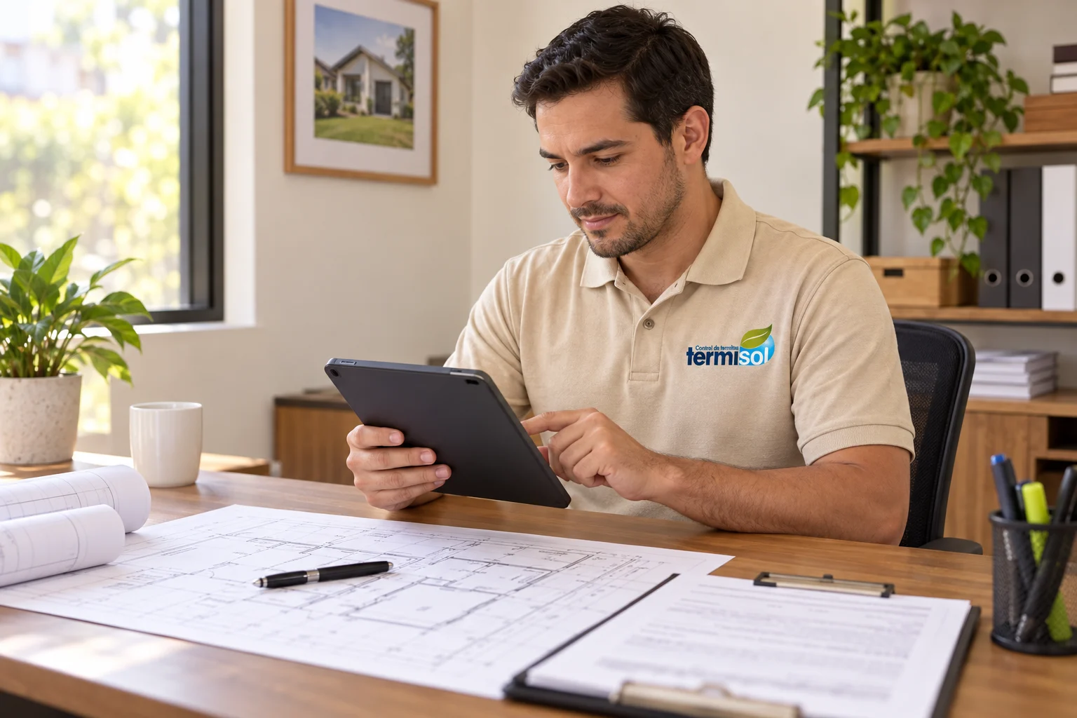 Profesional de Termisol revisando un plano y registrando el seguimiento de una visita