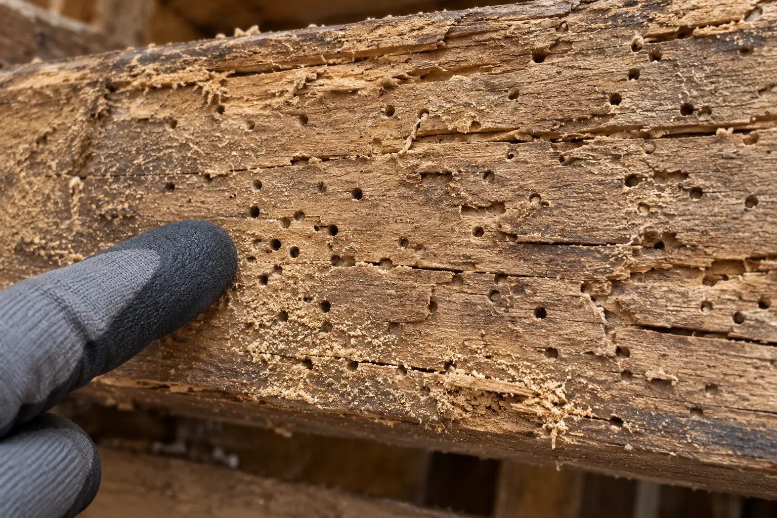 Detalle de madera afectada por carcoma señalado durante una inspección profesional