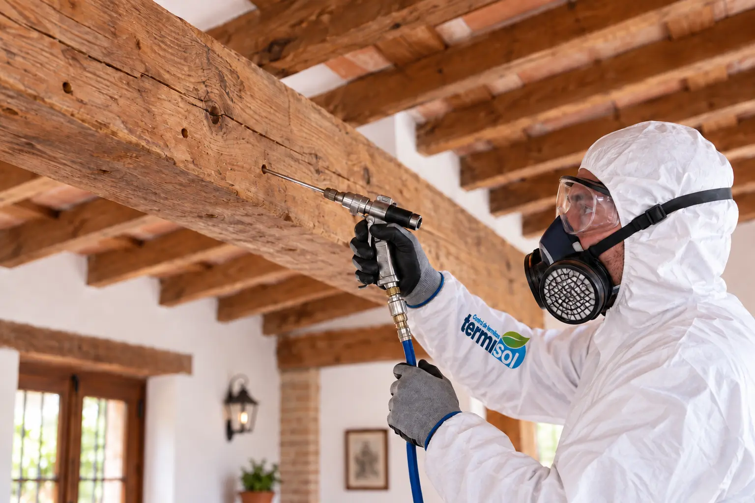 Técnico aplicando un tratamiento por inyección en una viga de madera